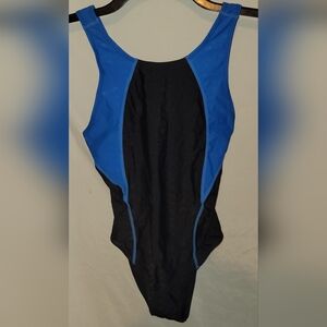 Girls Large, Black and Blue One-Piece Sport Swim Suit With Chevron Sheen, NWOT